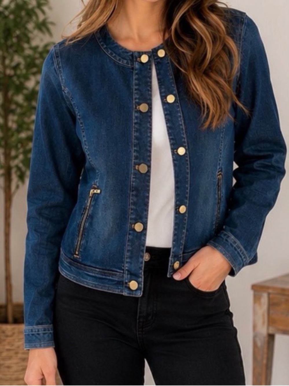 Chico's Collarless Denim Jacket with Gold Buttons Size 2